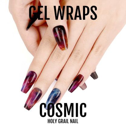 Semi-cured gel wraps displaying cosmic multicolour chrome finish with galaxy nail art effect