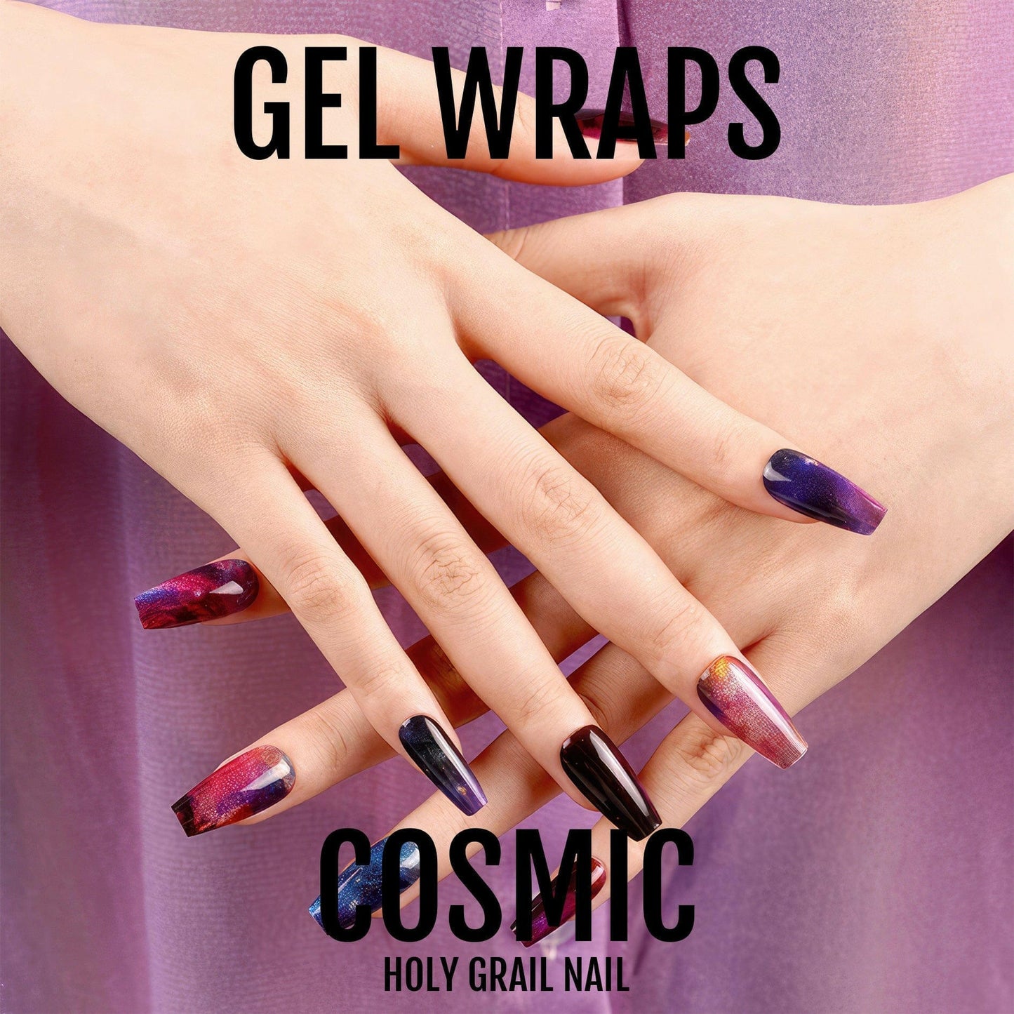 Hands displaying cosmic galaxy gel nail wraps in purple, black and multicoloured finishes