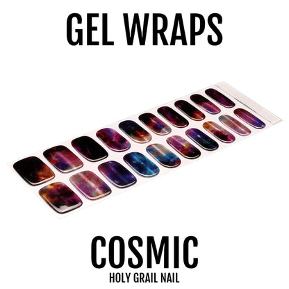 Twenty cosmic galaxy gel nail wraps showing purple, black and multicoloured space patterns