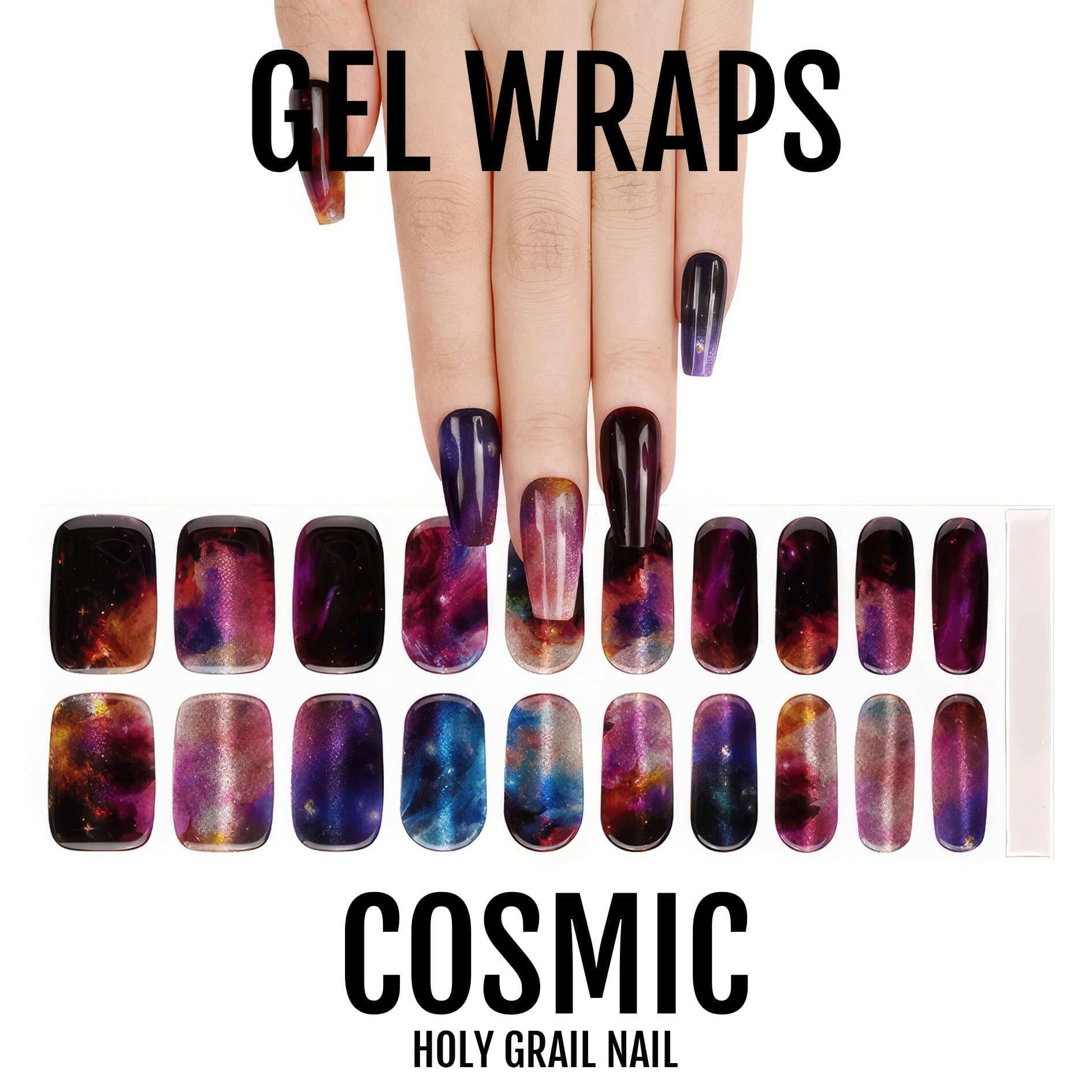 Hand model wearing cosmic galaxy gel wraps with twenty nail wraps display sheet