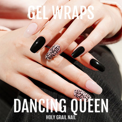 Black and pink leopard print gel nail wraps worn on hands showing manicure design