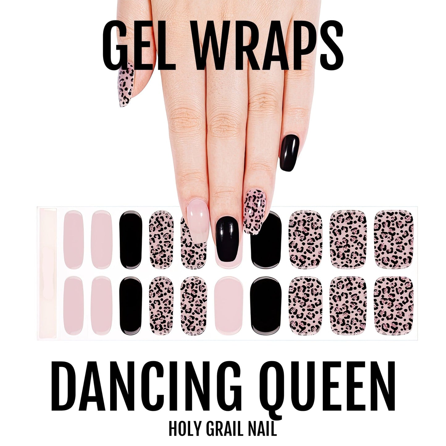 Dancing Queen gel nail wraps with black, pink and leopard print patterns displayed with hand model