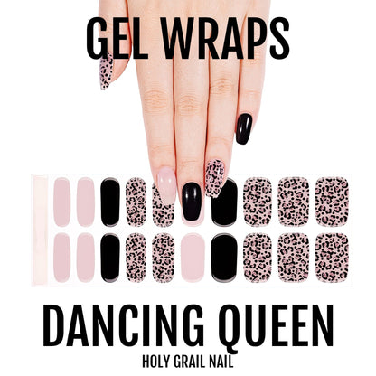 Dancing Queen gel nail wraps with black, pink and leopard print patterns displayed with hand model