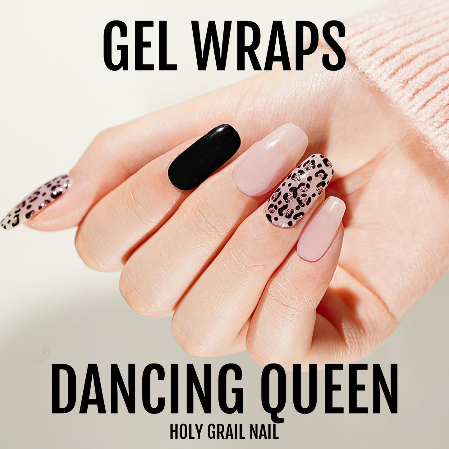Pink, black and leopard pattern gel nail wraps on hand showing at-home manicure results