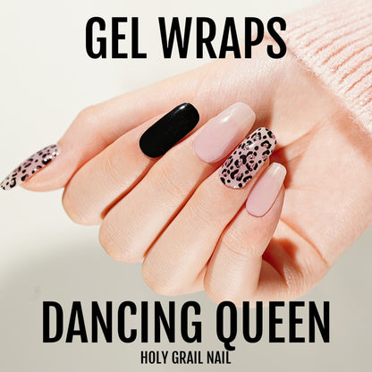 Pink, black and leopard pattern gel nail wraps on hand showing at-home manicure results