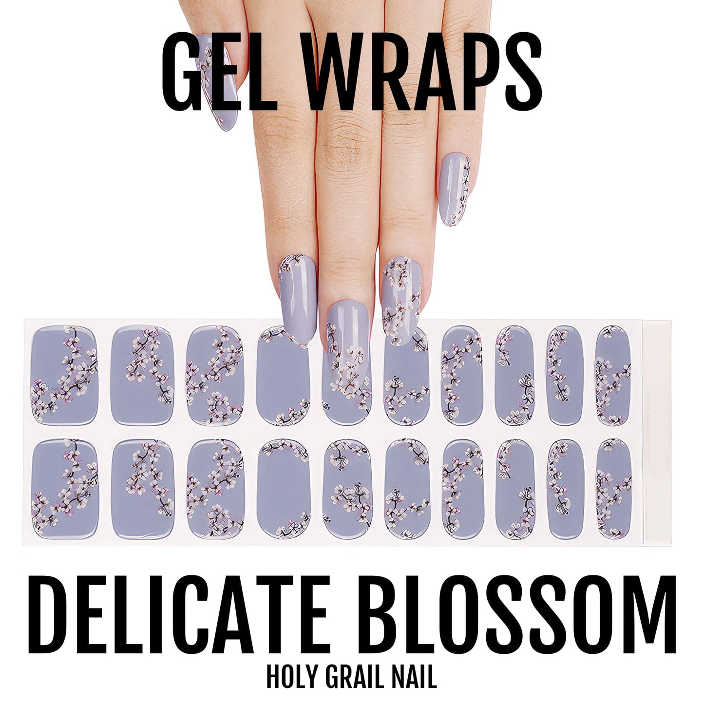 Purple gel nail wraps with white blossom design flat lay showing manicure set