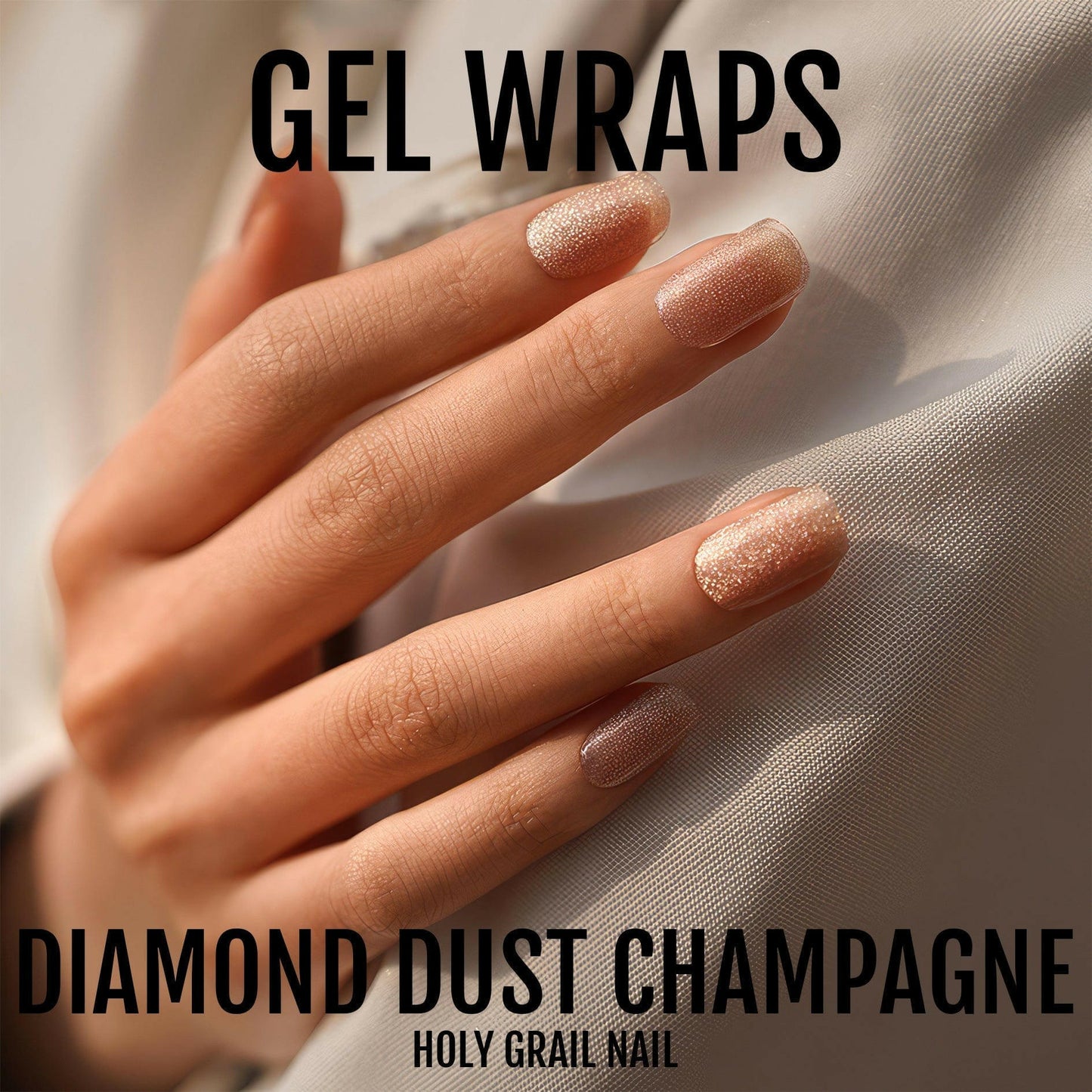 Champagne glitter gel nail wraps on hand displaying oval shaped nails with diamond dust sparkle effect