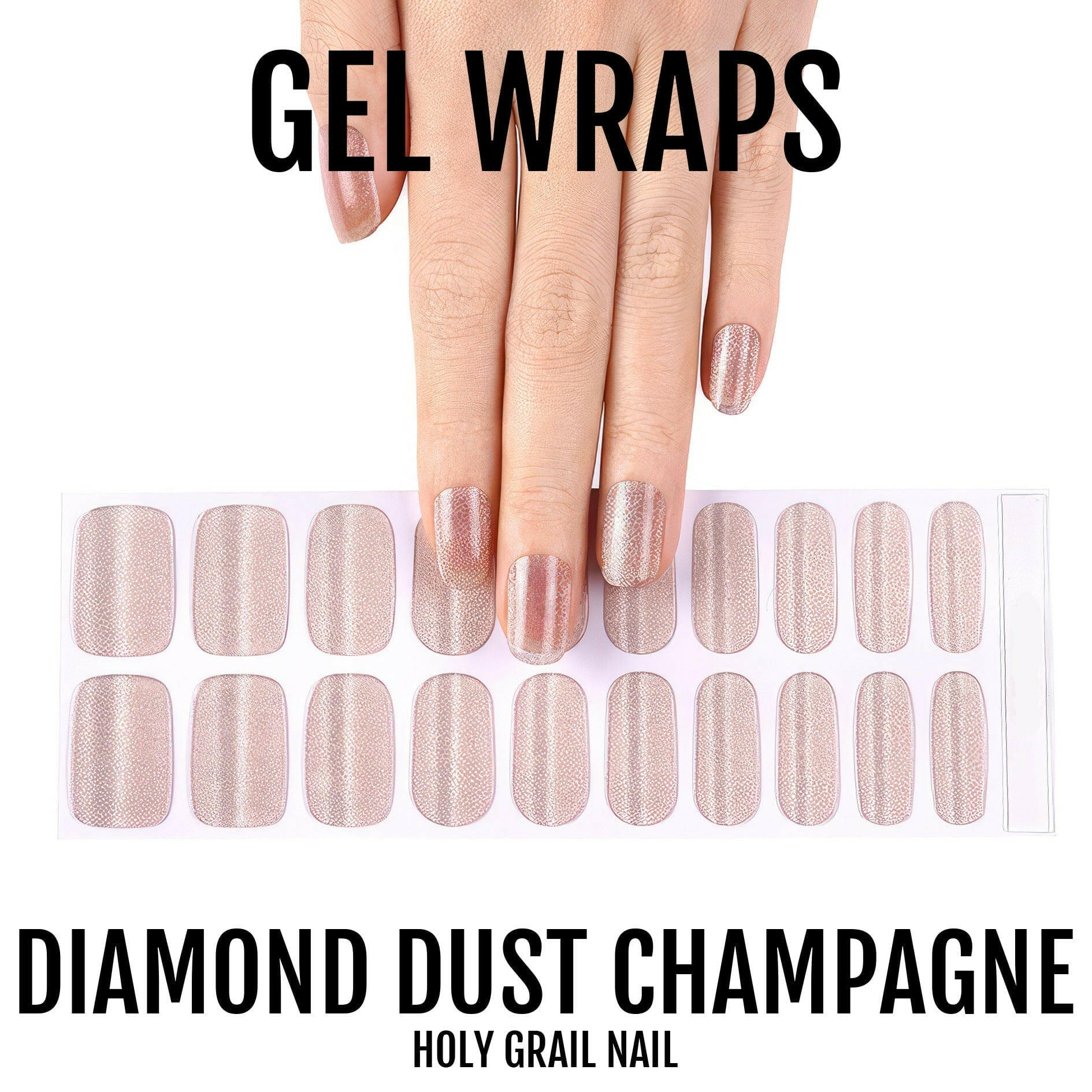 Rose gold glitter gel nail wrap sheet showing 20 individual nail sizes with champagne sparkle finish