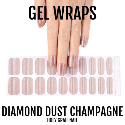 Rose gold glitter gel nail wrap sheet showing 20 individual nail sizes with champagne sparkle finish