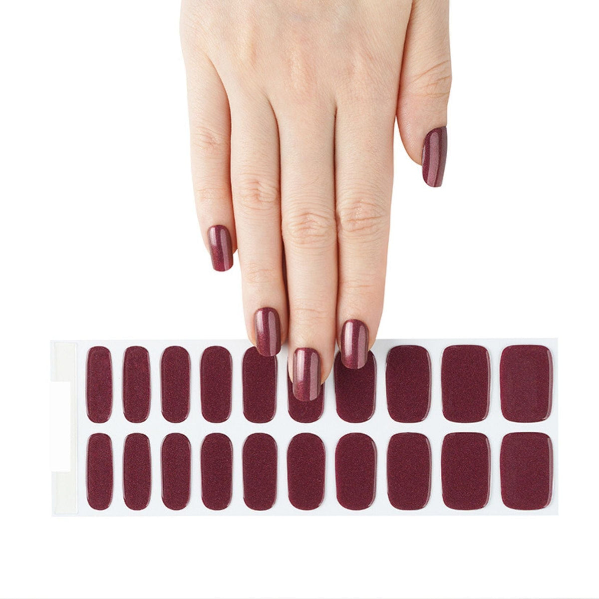 Burgundy red gel nail wraps with glitter shimmer finish and application sheets