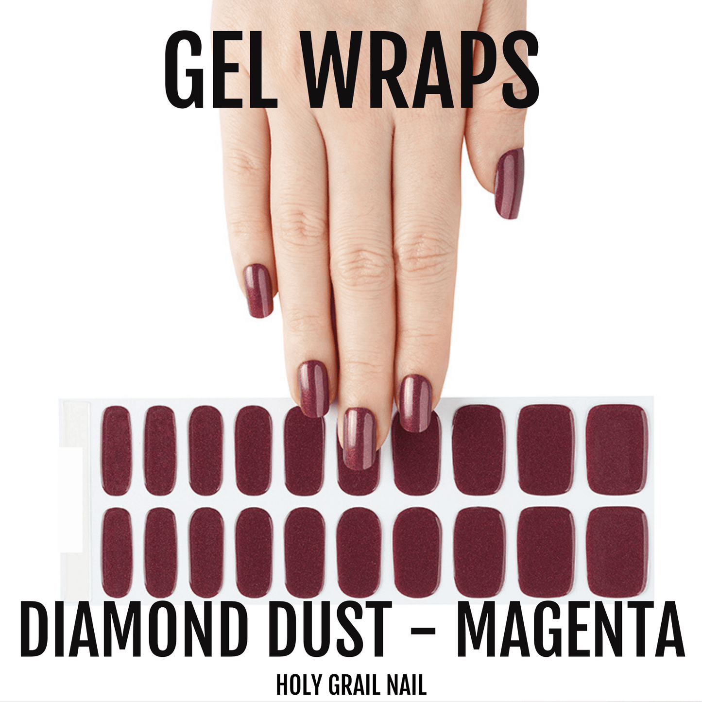 Deep magenta gel nail wraps with diamond dust shimmer finish on hand model