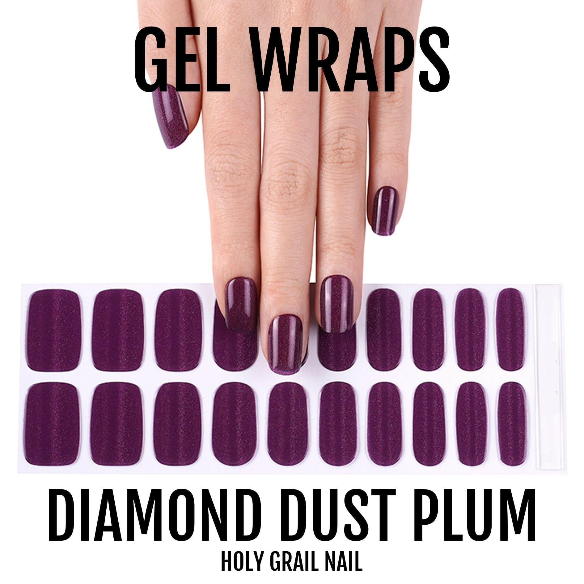 Diamond dust plum gel nail wraps sheet showing 20 purple glitter press-on nails