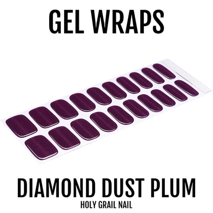 Deep plum glittery gel nail wraps with diamond dust sparkle finish on white background