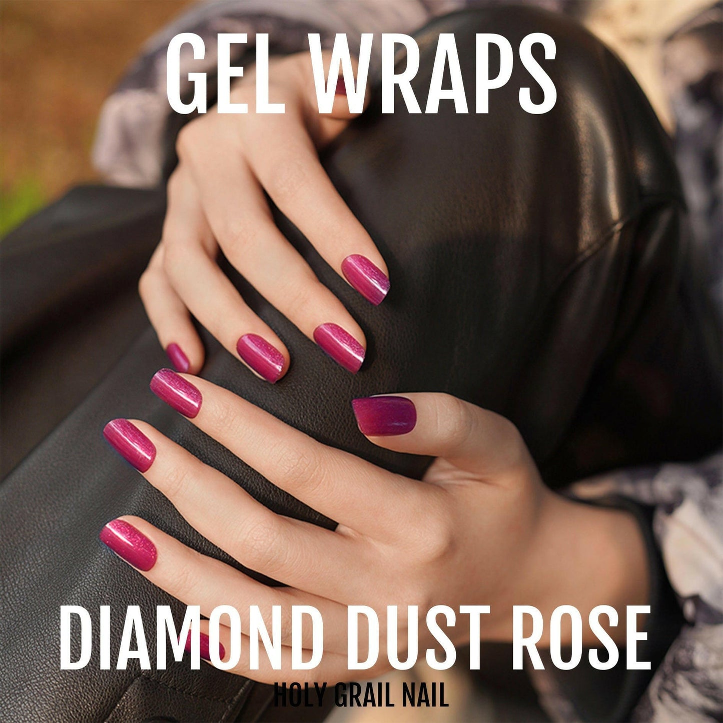Hands displaying bright pink rose gel nail wraps with glitter diamond dust finish