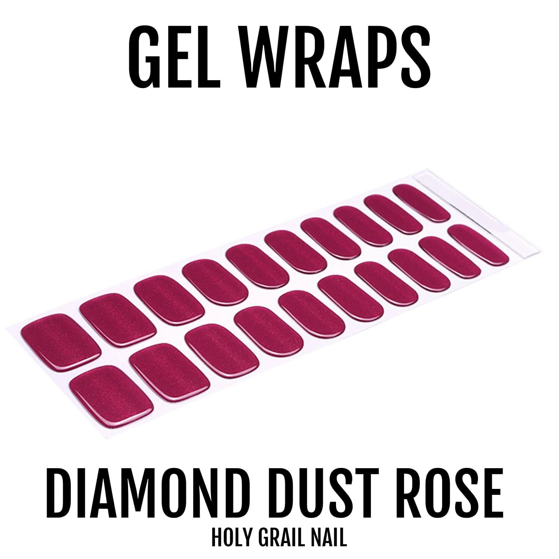 Pink rose glittery gel nail wraps with diamond dust sparkle finish on white background