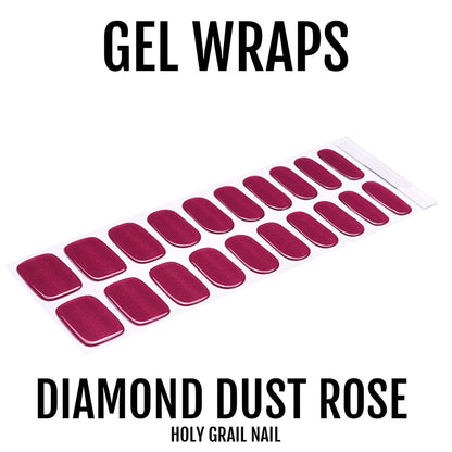 Pink rose glittery gel nail wraps with diamond dust sparkle finish on white background