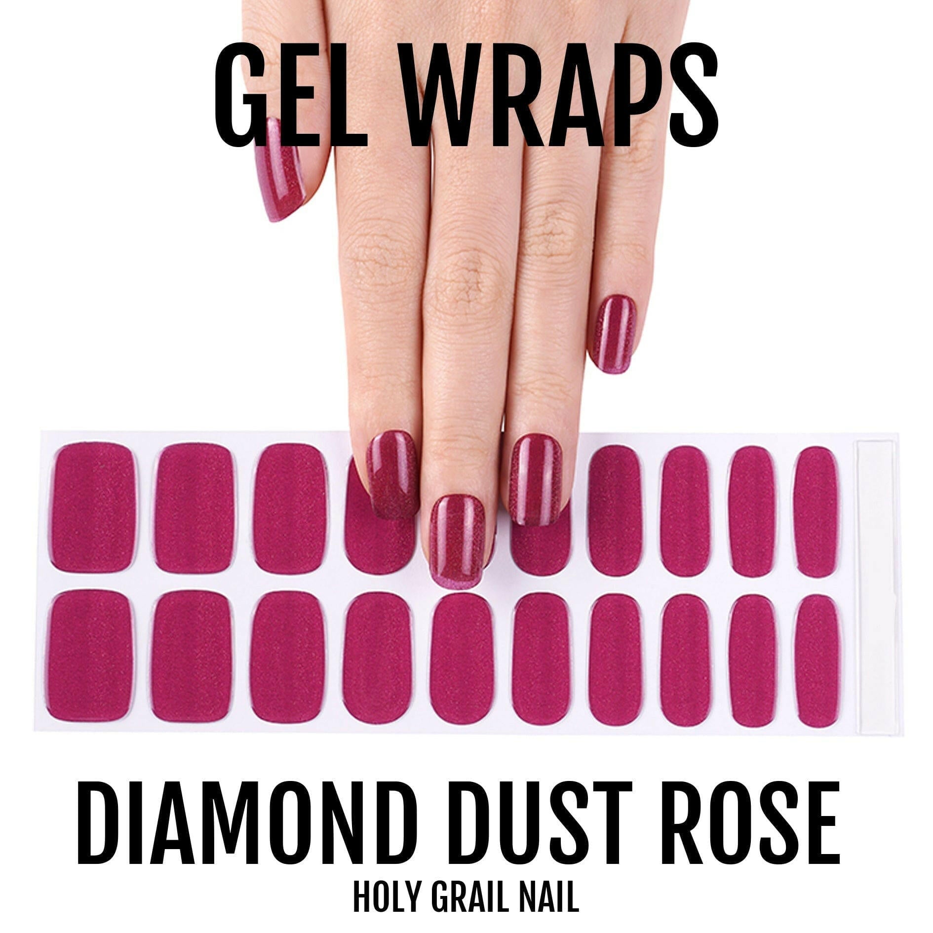Rose pink glittery gel nail wraps on hand showing diamond dust sparkle finish
