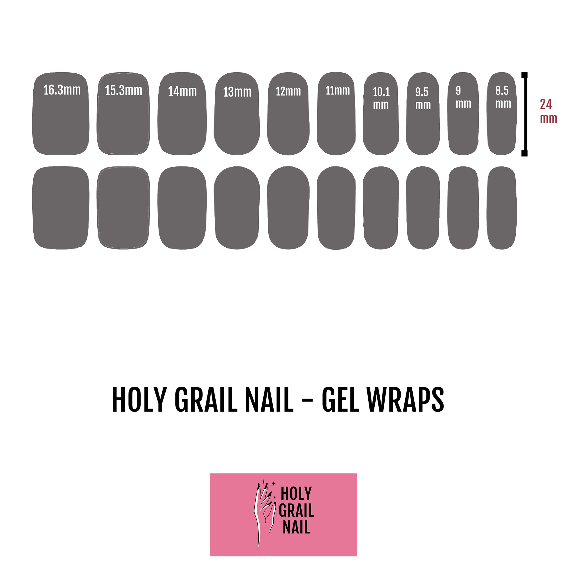 Gel nail wrap sizing chart showing various nail sizes for perfect at-home manicure fit