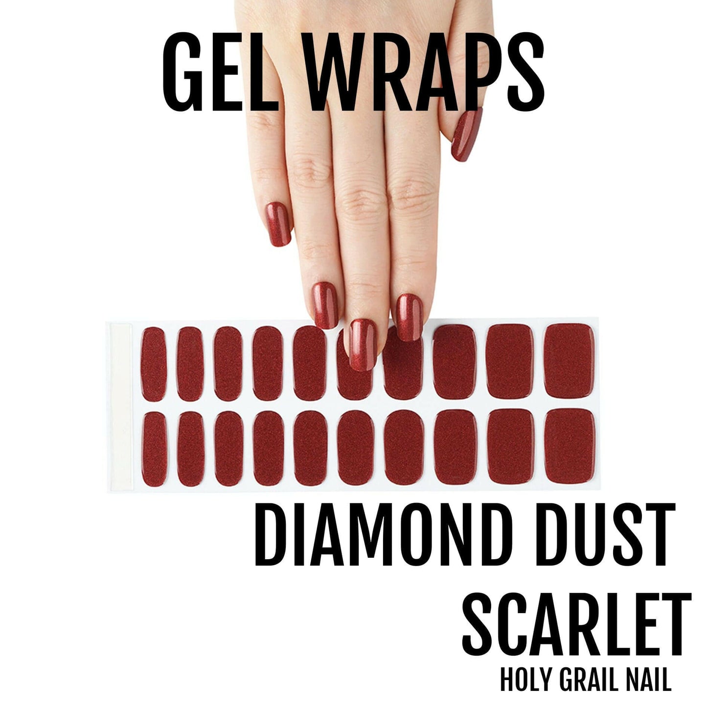 Deep red scarlet gel nail wraps with diamond dust glitter finish and hand model