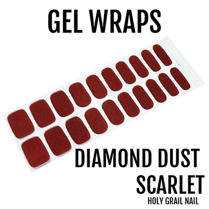 Scarlet red gel nail wraps with diamond dust shimmer finish for glamorous manicure