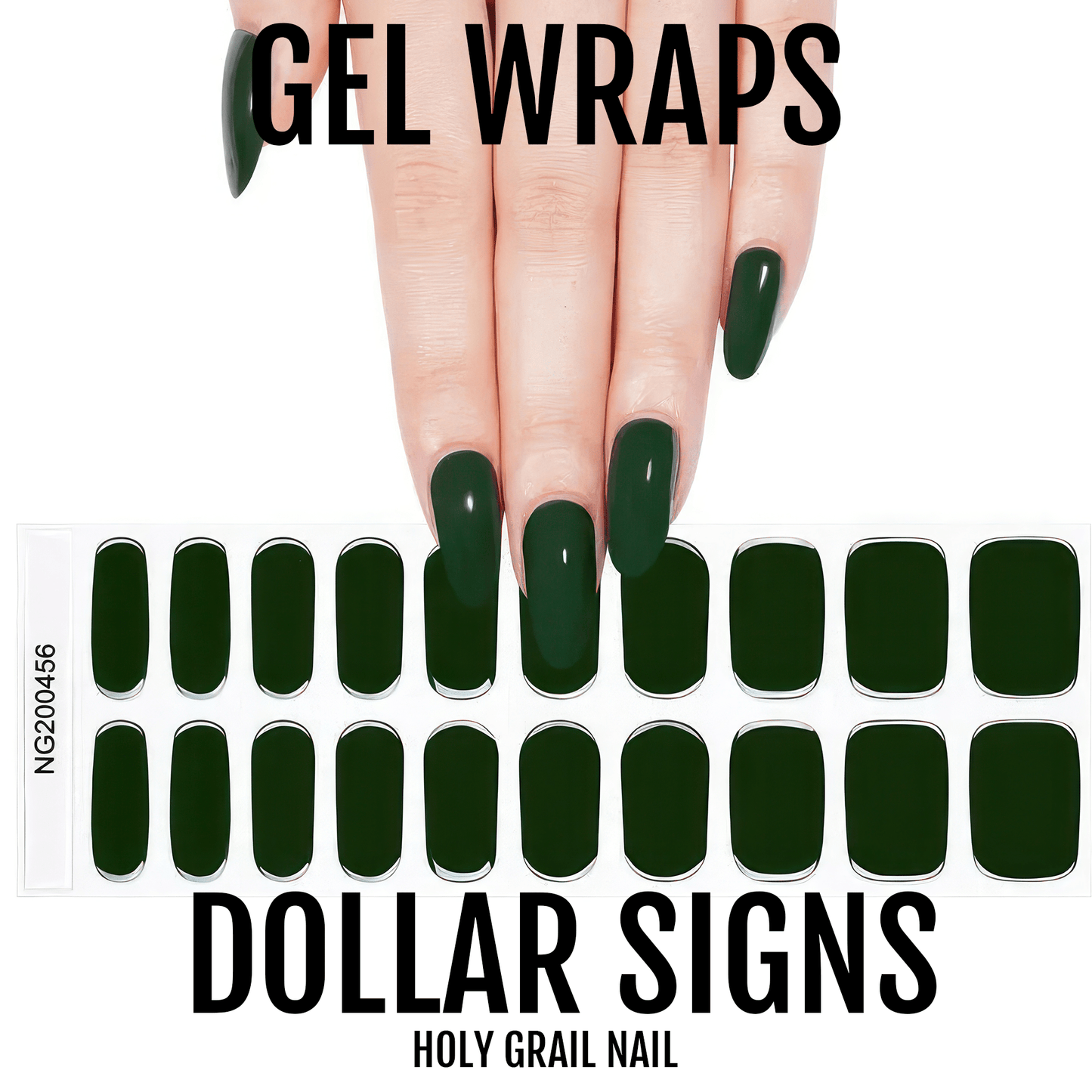 Forest green semi-cured gel nail wraps sheet showing twenty glossy oval manicure strips