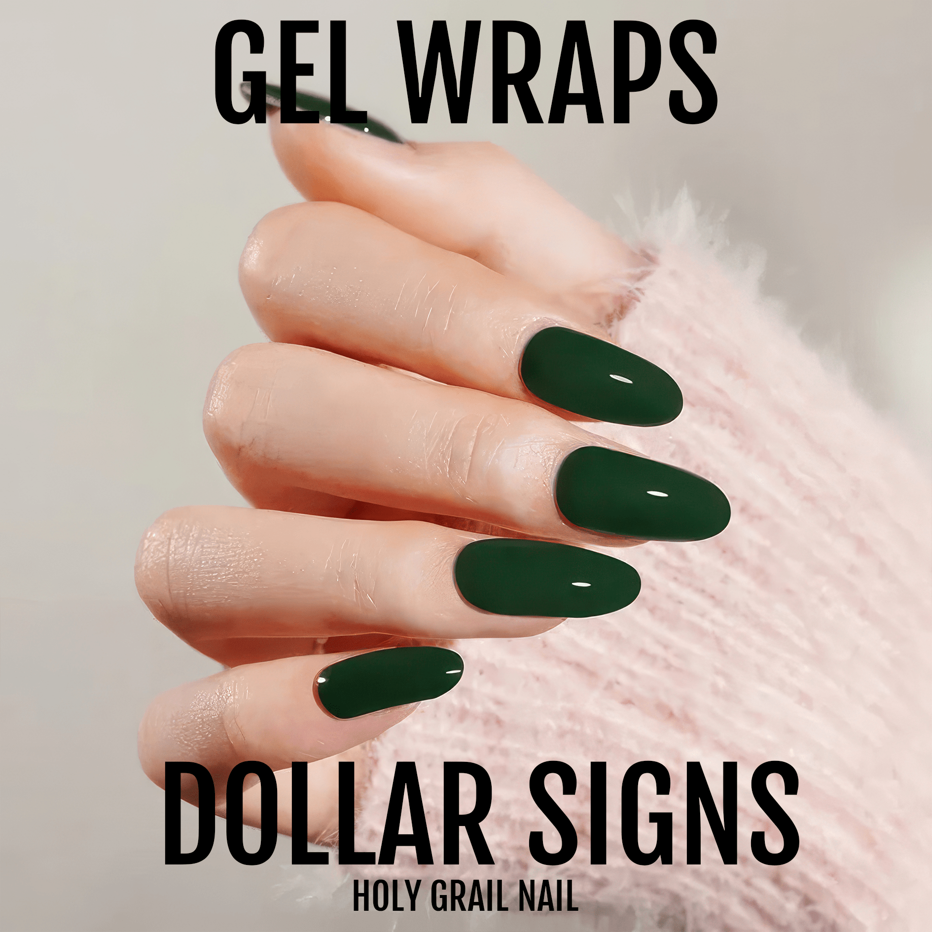 Deep forest green glossy gel nail wraps on hand displaying solid colour manicure