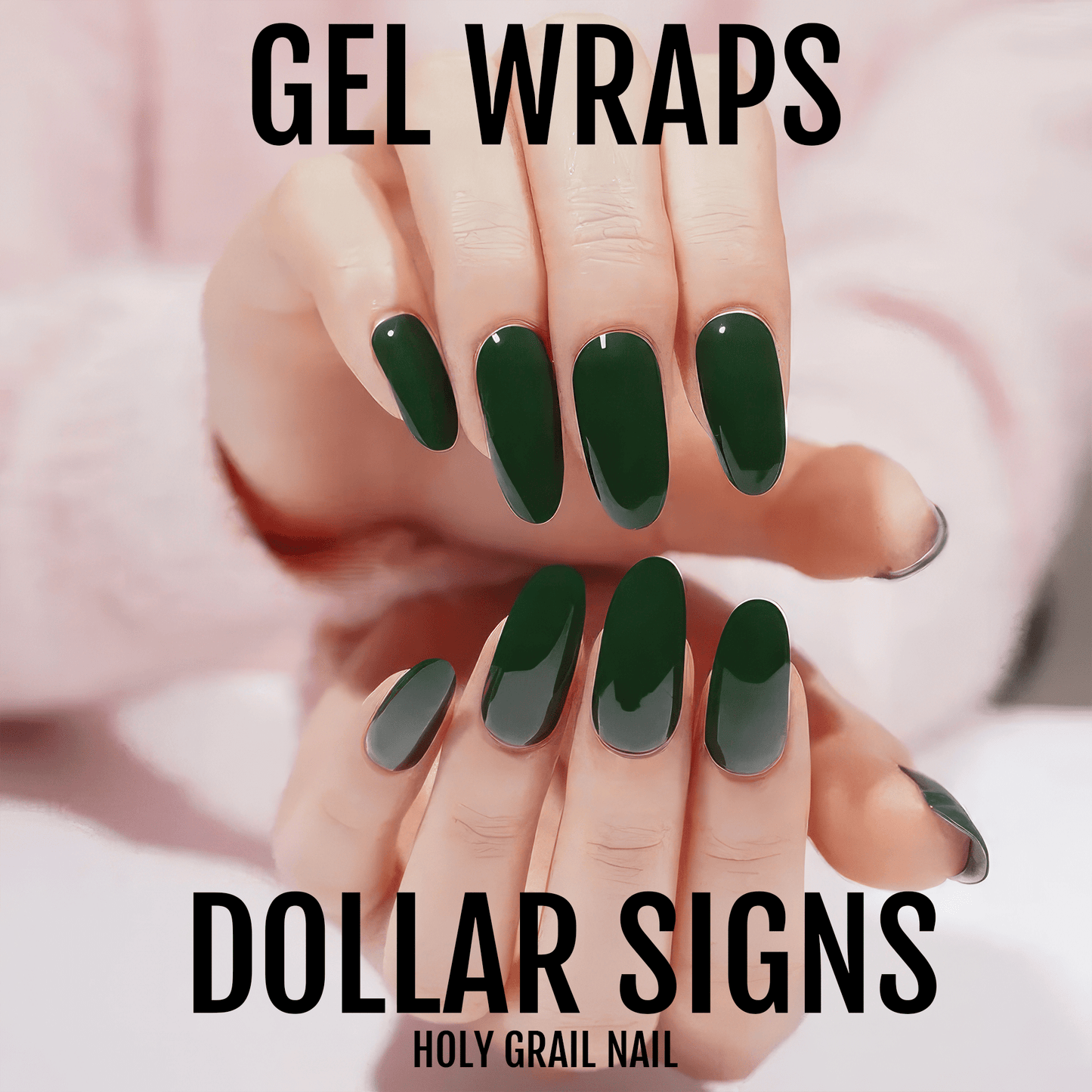 Forest green gel nail wraps on hands showing classic solid colour glossy manicure