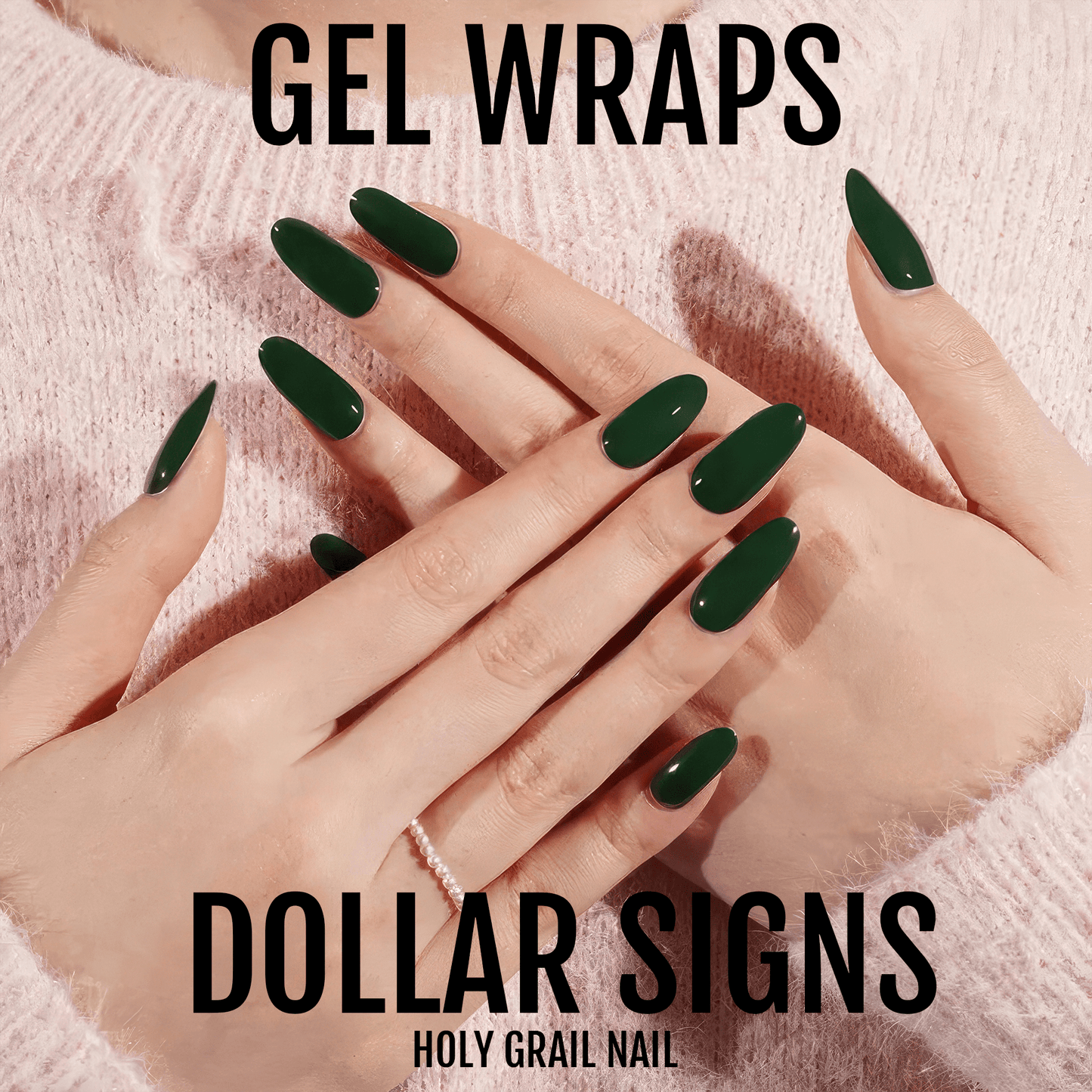 Deep green gel nail wraps on hands displaying sophisticated glossy finish manicure