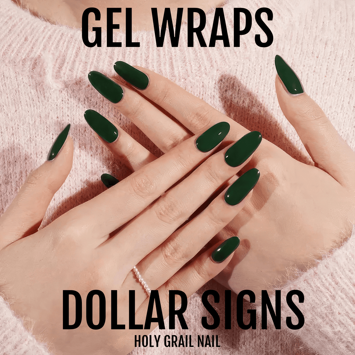 Deep green gel nail wraps on hands displaying sophisticated glossy finish manicure