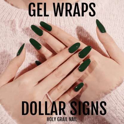 Deep green gel nail wraps on hands displaying sophisticated glossy finish manicure