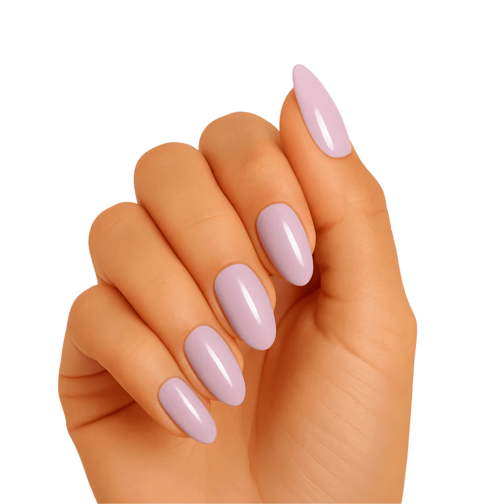 Dusty pink glossy gel nail wraps on hand showing mauve manicure finish