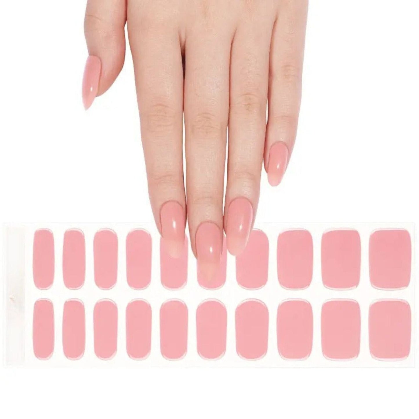 Hand touching dusty rose gel nail wrap sheet for at-home manicure application