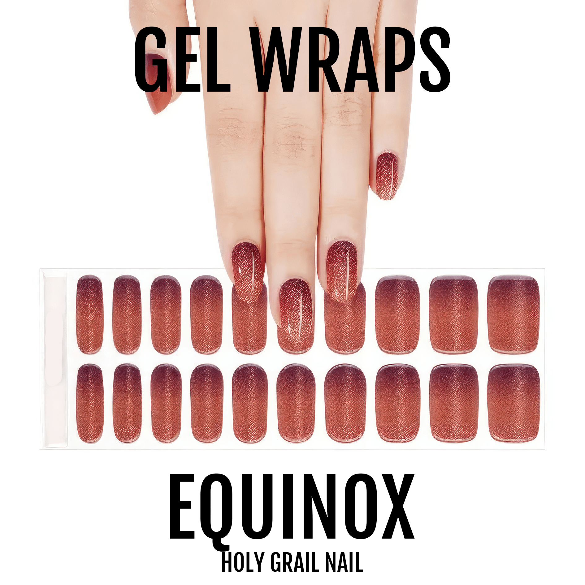 Rose gold gel nail wraps with shimmer finish showing full set of twenty manicure wraps