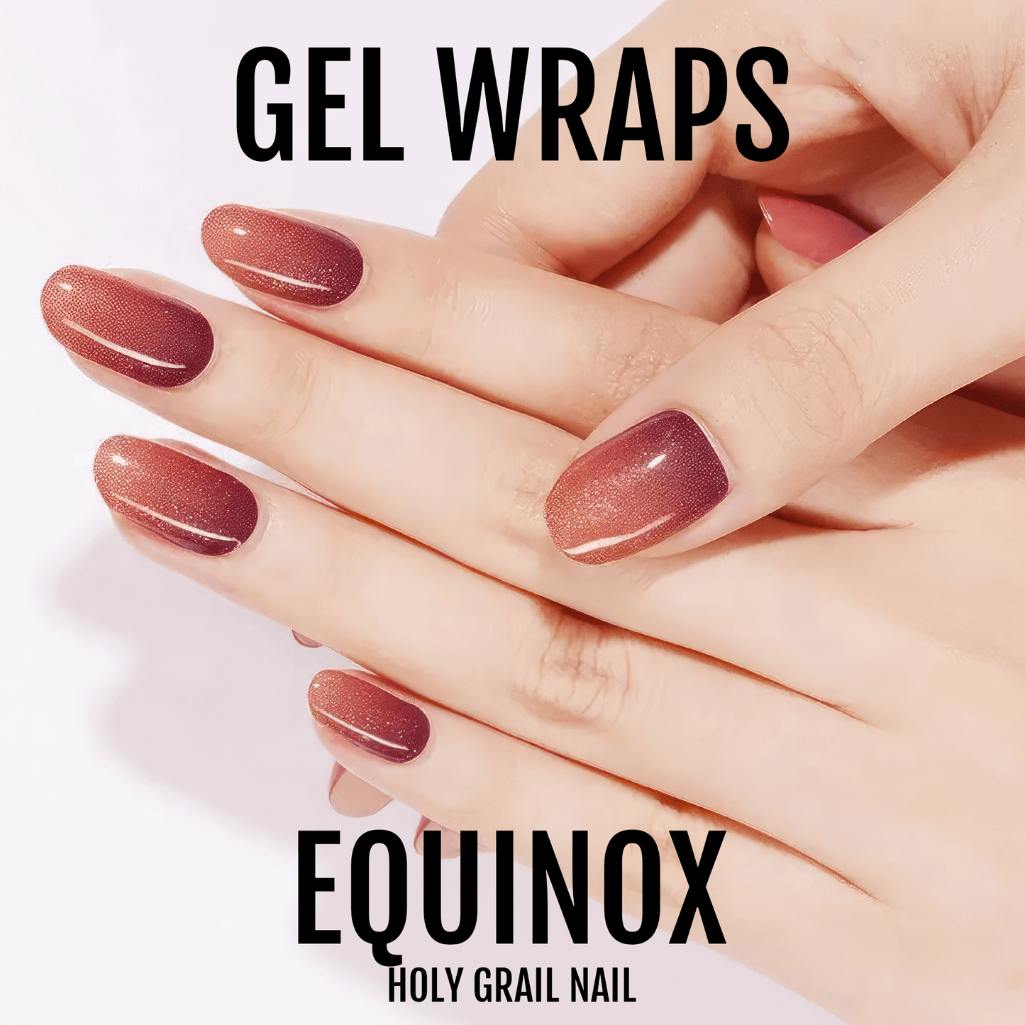 Warm rose gold gel nail wraps with metallic shimmer finish on elegant manicured hands