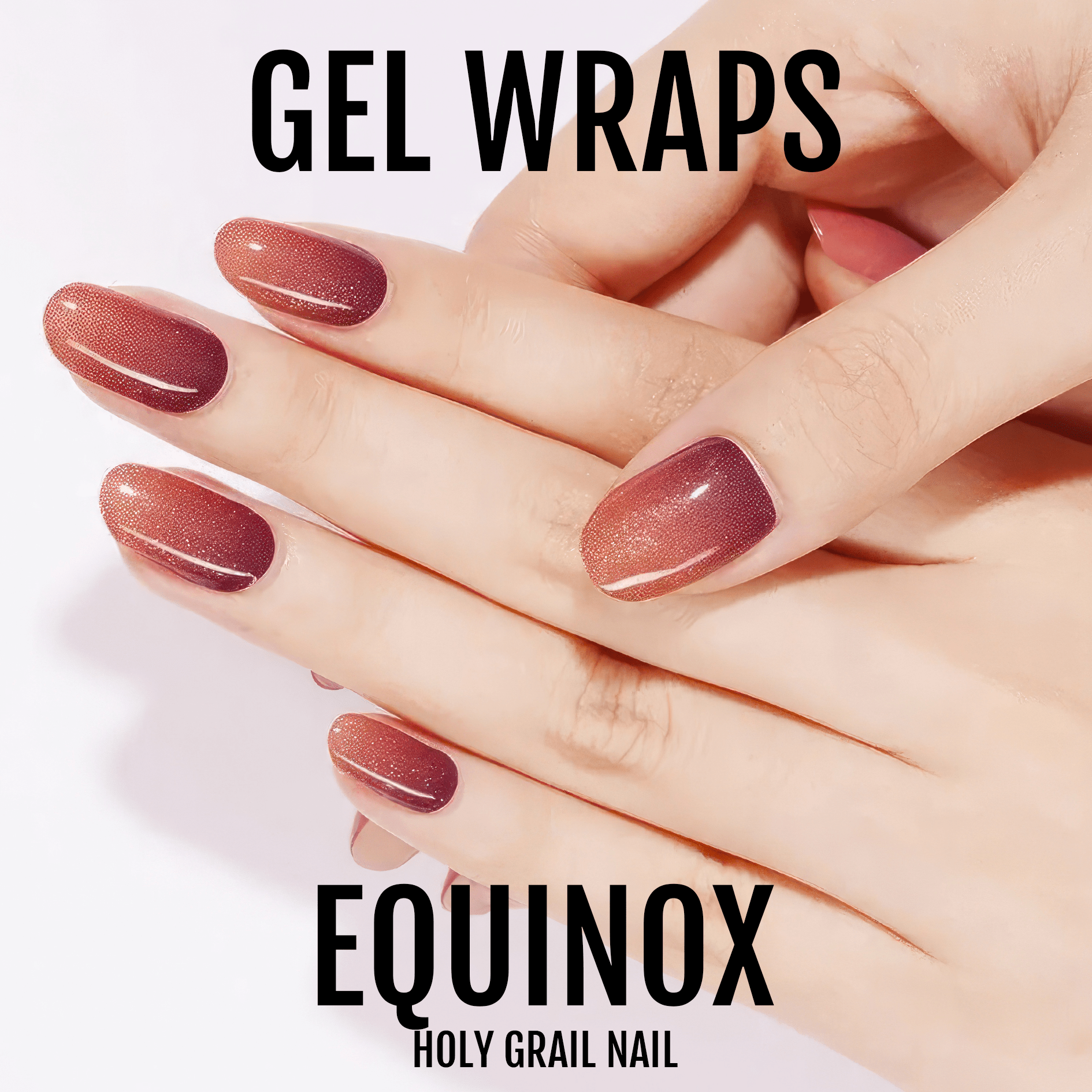Warm rose gold gel nail wraps with metallic shimmer finish on elegant manicured hands