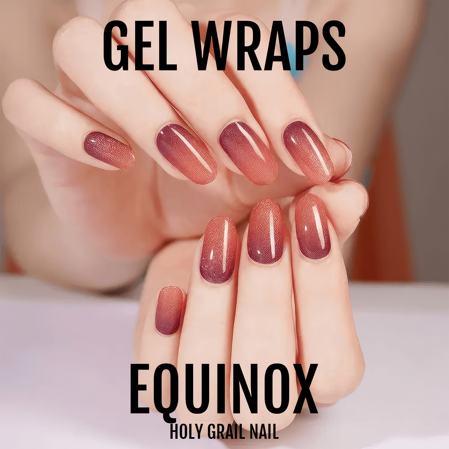 Rose gold shimmer gel nail wraps with subtle glitter on hands showing manicured nails