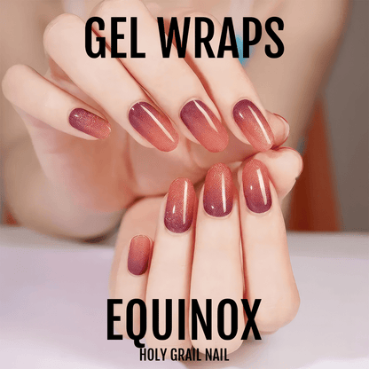 Rose gold shimmer gel nail wraps with subtle glitter on hands showing manicured nails