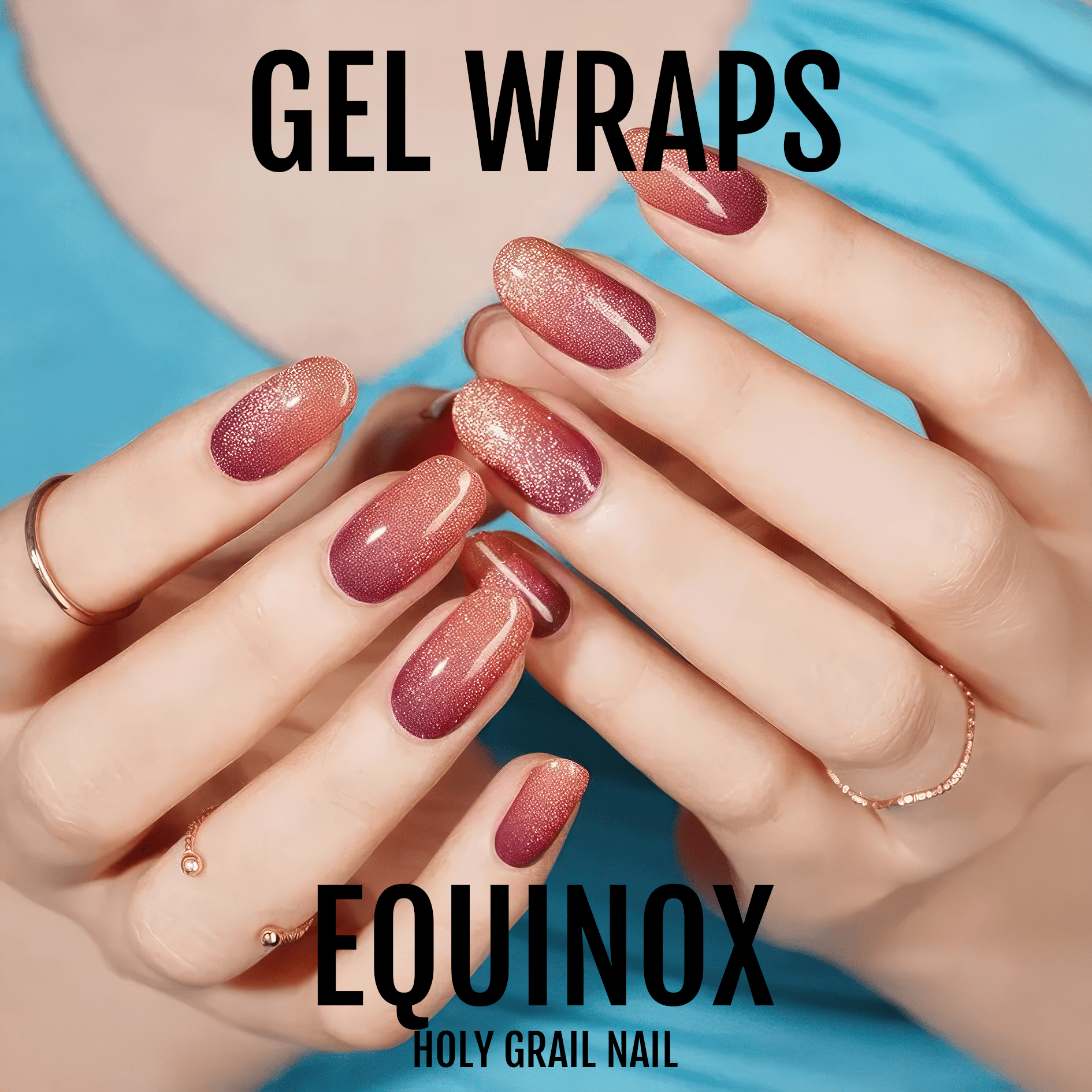 Pink rose gold metallic gel nail wraps on hands displaying glitter finish