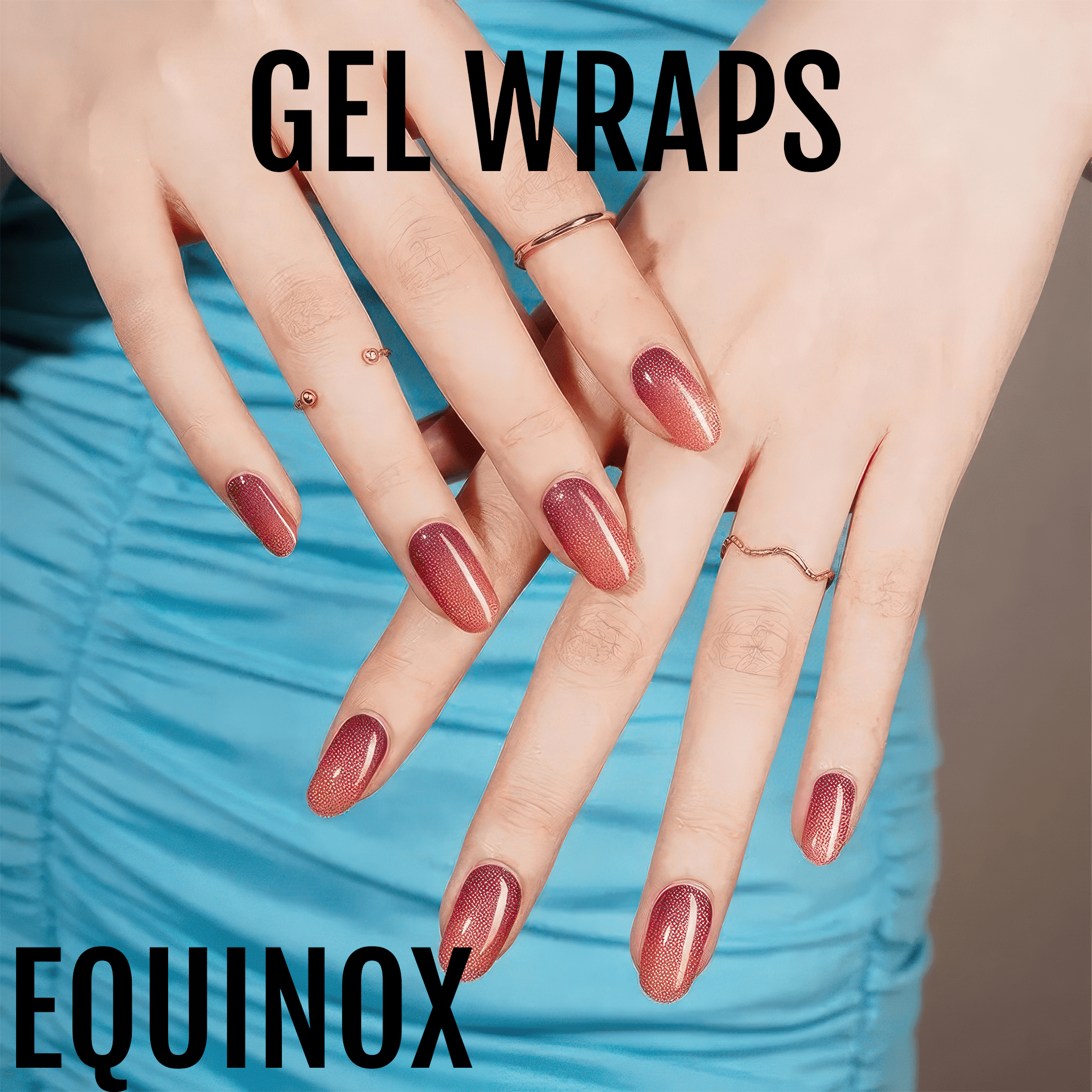 Rose gold glitter gel nail wraps on hands showing shimmer manicure design