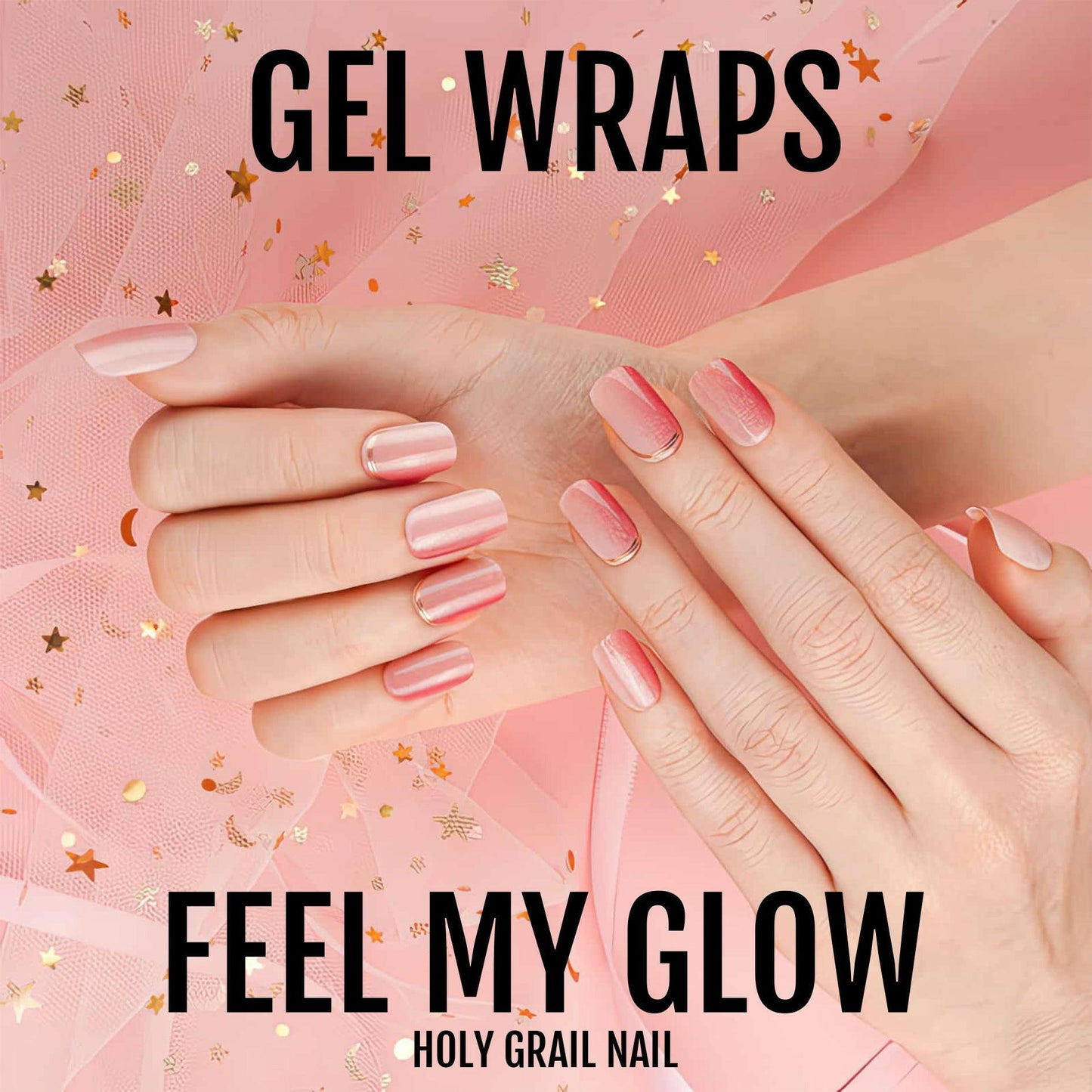 Pink gel nail wraps promotional image showing hands with dusty rose gradient nails
