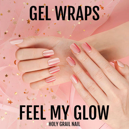 Pink gel nail wraps promotional image showing hands with dusty rose gradient nails