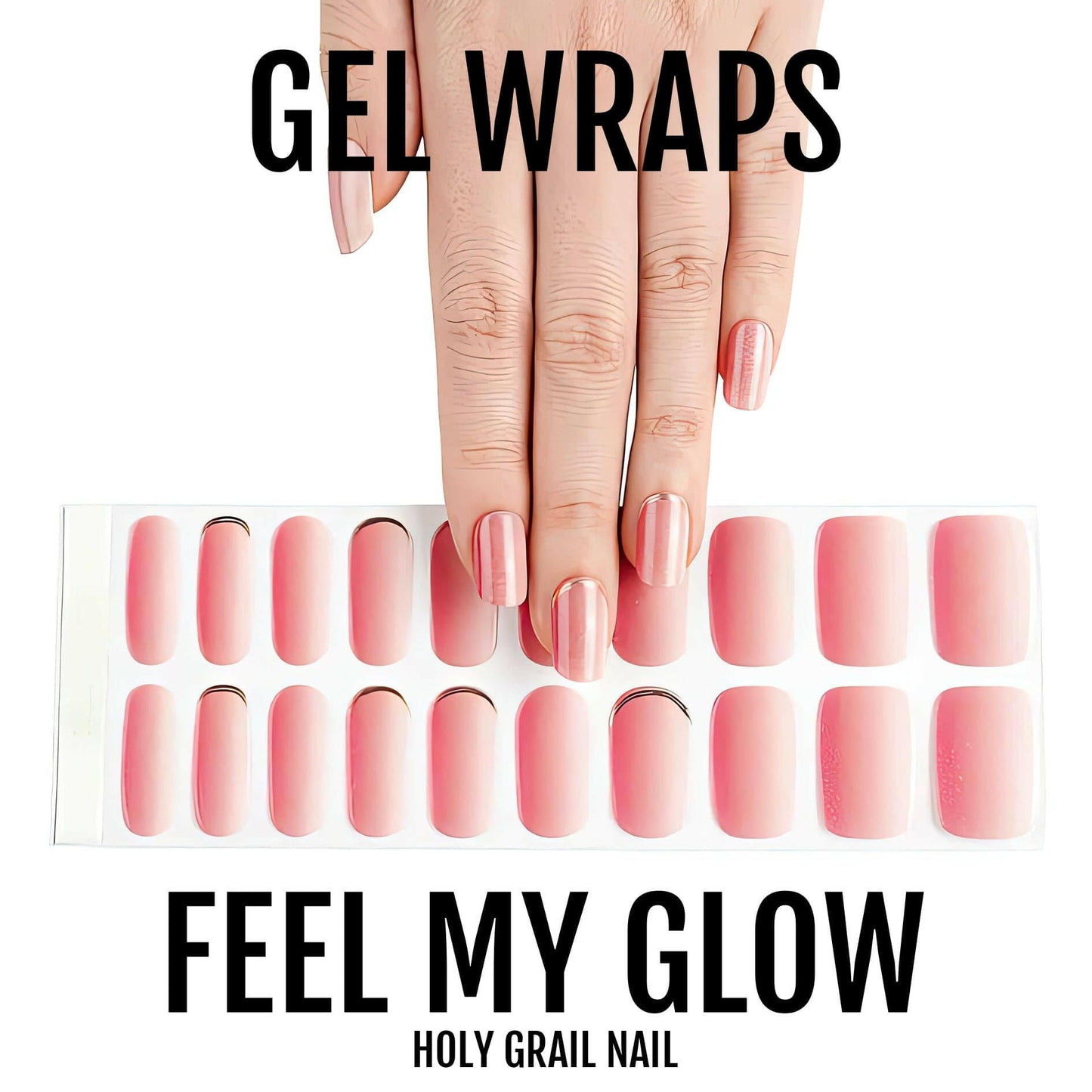 Semi-cured gel nail wraps sheet with hand showing pink ombré gradient design