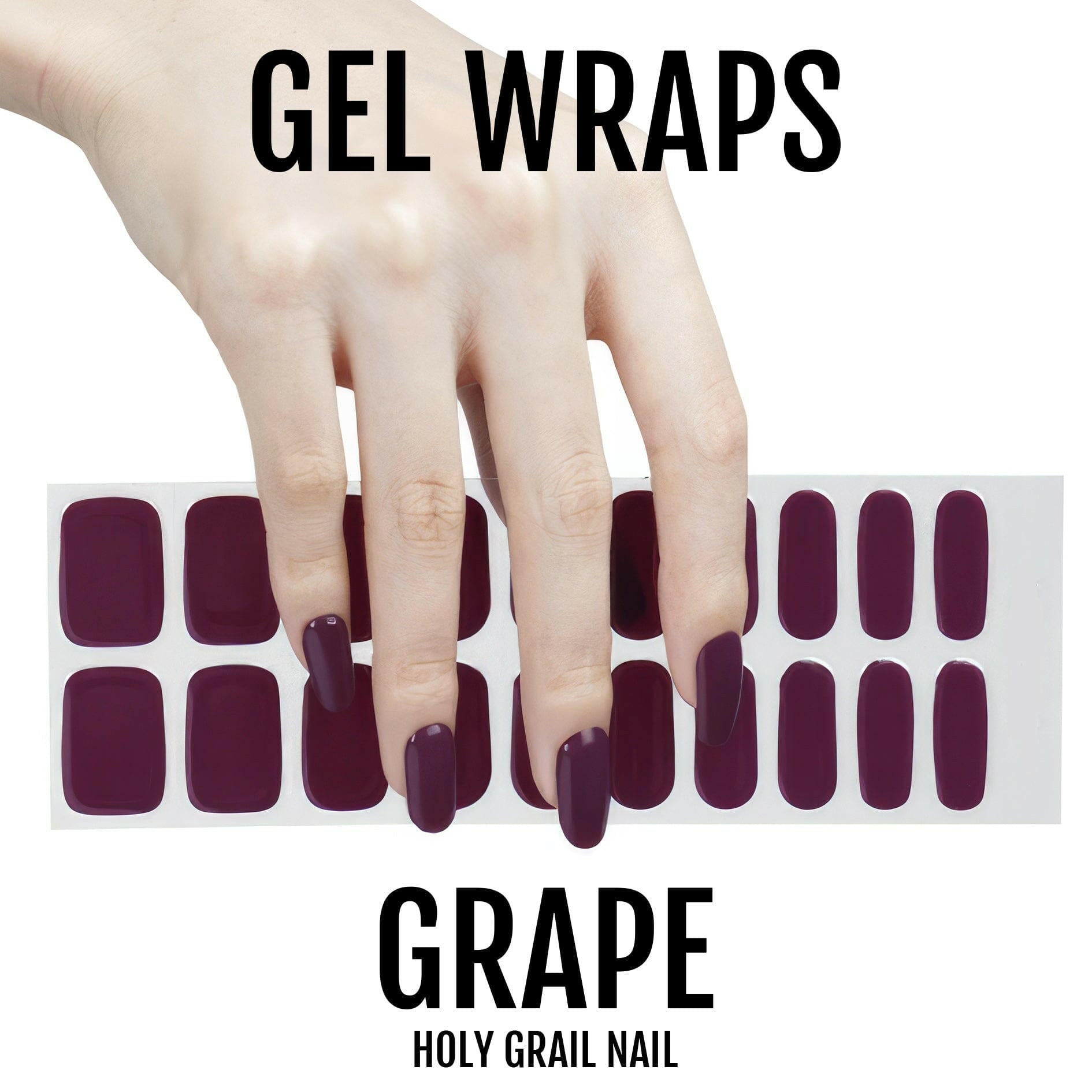 Hand displaying grape purple gel nail wraps with rich burgundy colour for DIY manicure