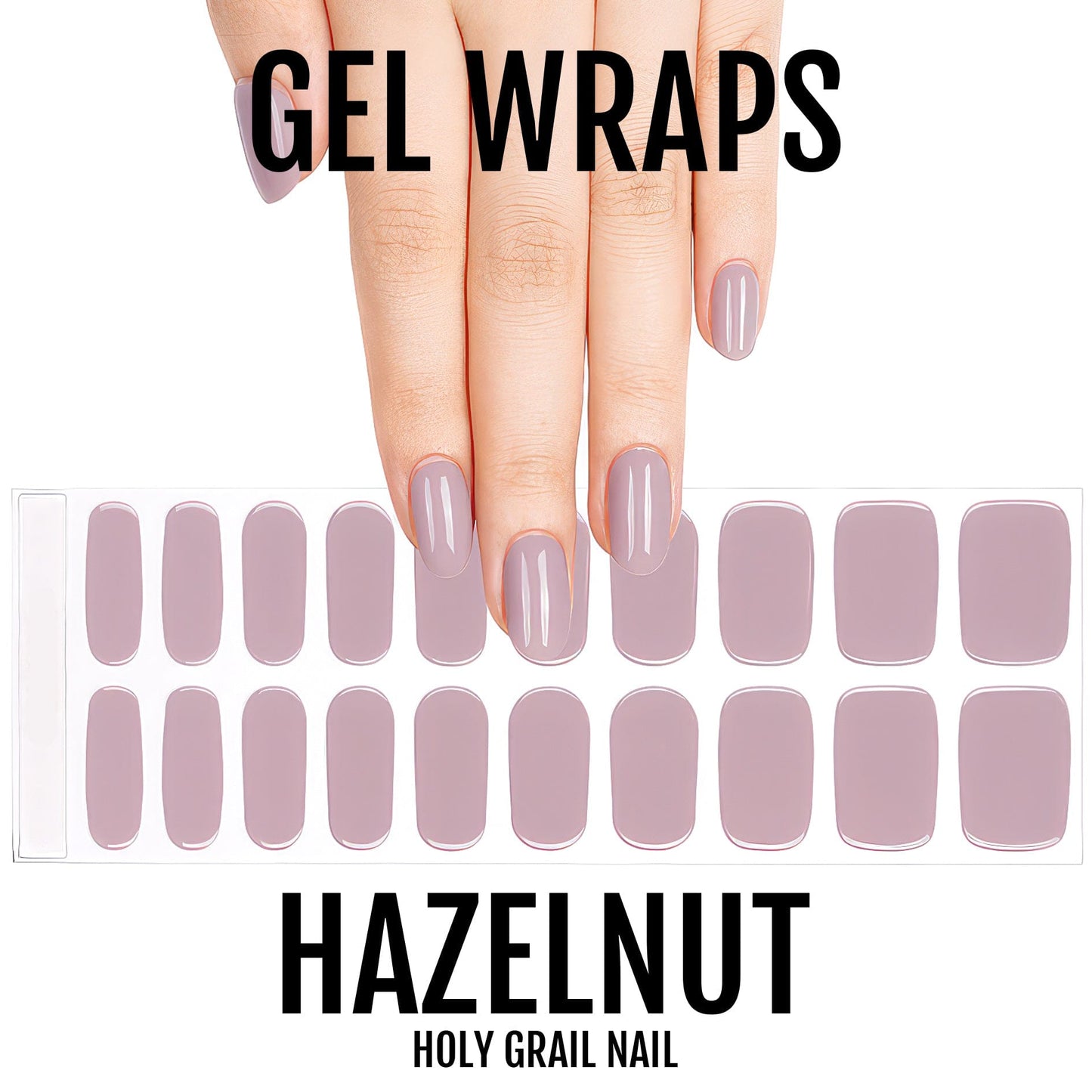Hand showing hazelnut gel nail wraps with full sheet of neutral mauve wraps