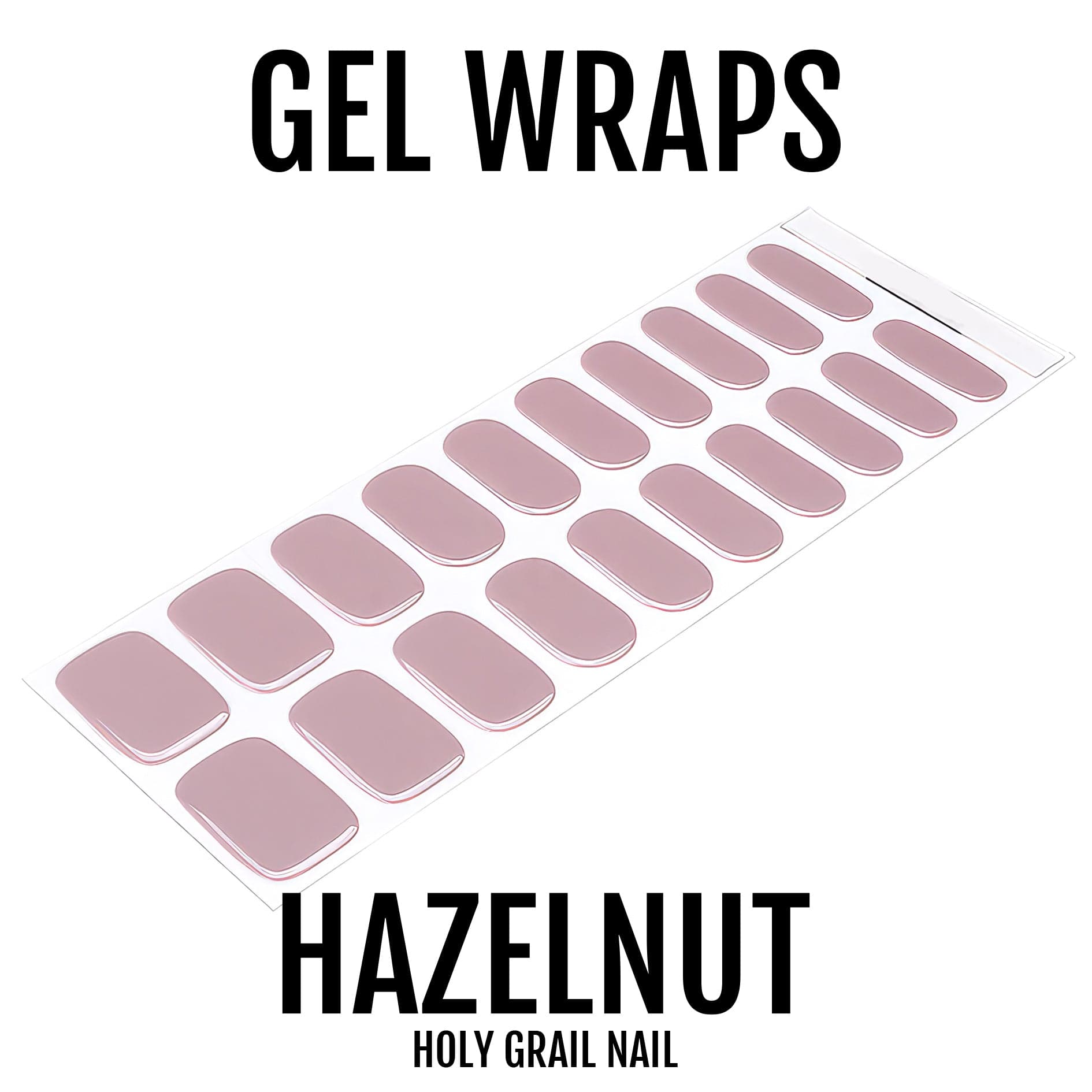 Sheet of hazelnut mauve gel nail wraps showing glossy neutral nail art strips