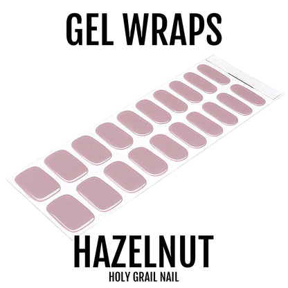 Sheet of hazelnut mauve gel nail wraps showing glossy neutral nail art strips