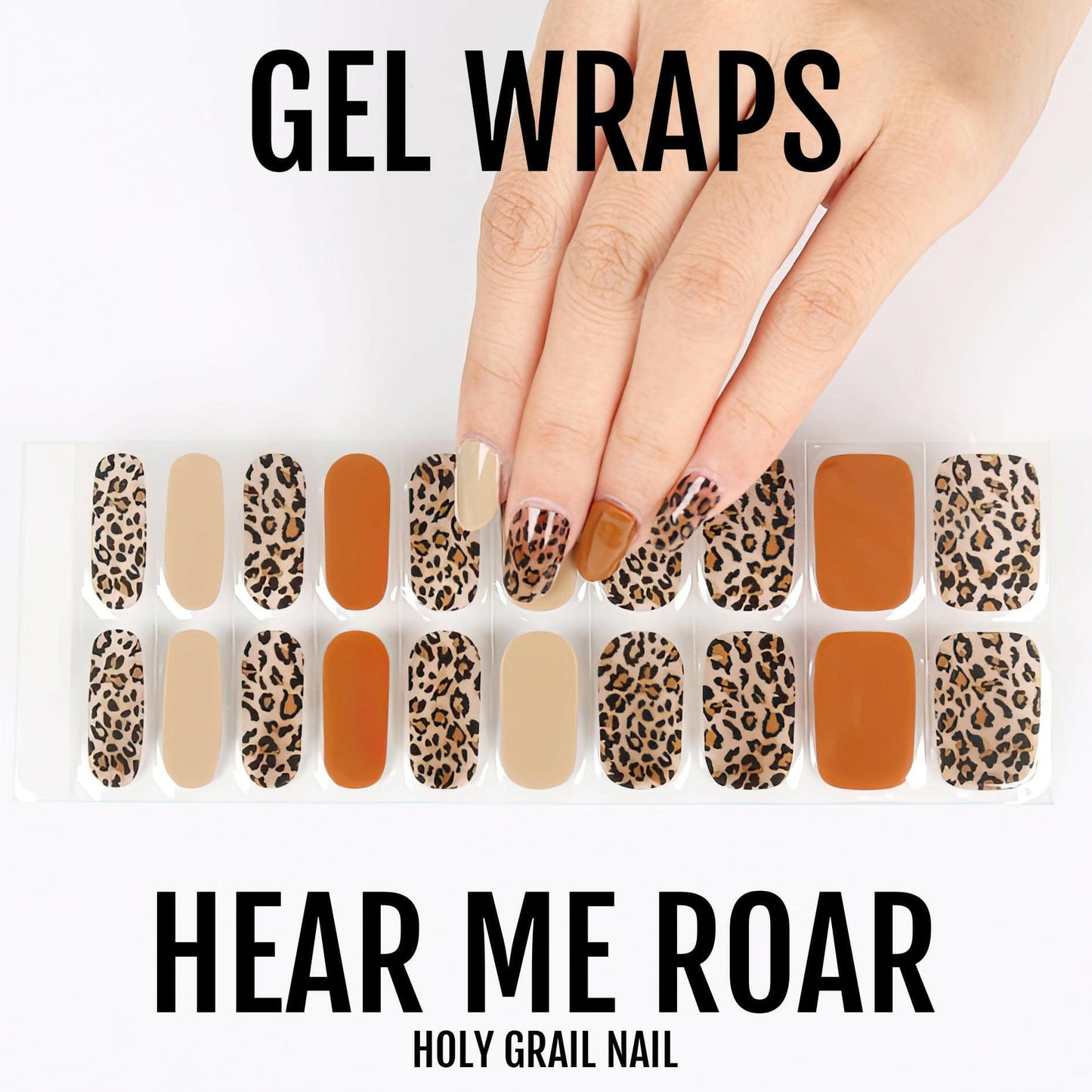 Leopard print gel nail wrap sheet with brown burnt orange and cream animal print patterns