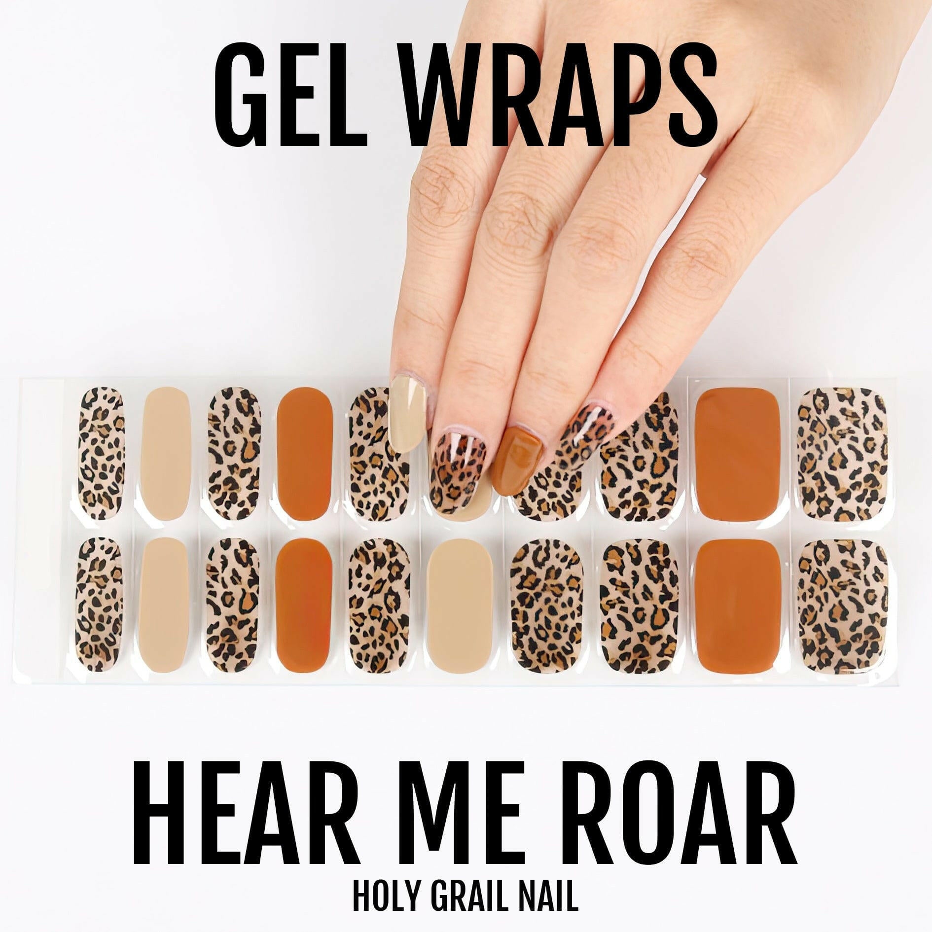 Leopard print gel nail wrap sheet with brown burnt orange and cream animal print patterns