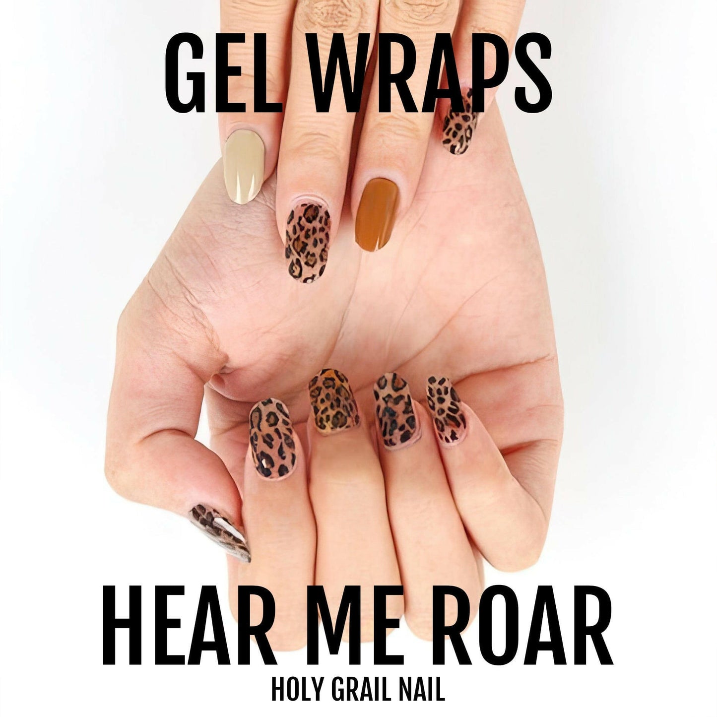 Hand displaying leopard print gel nail wraps in brown and orange animal print design