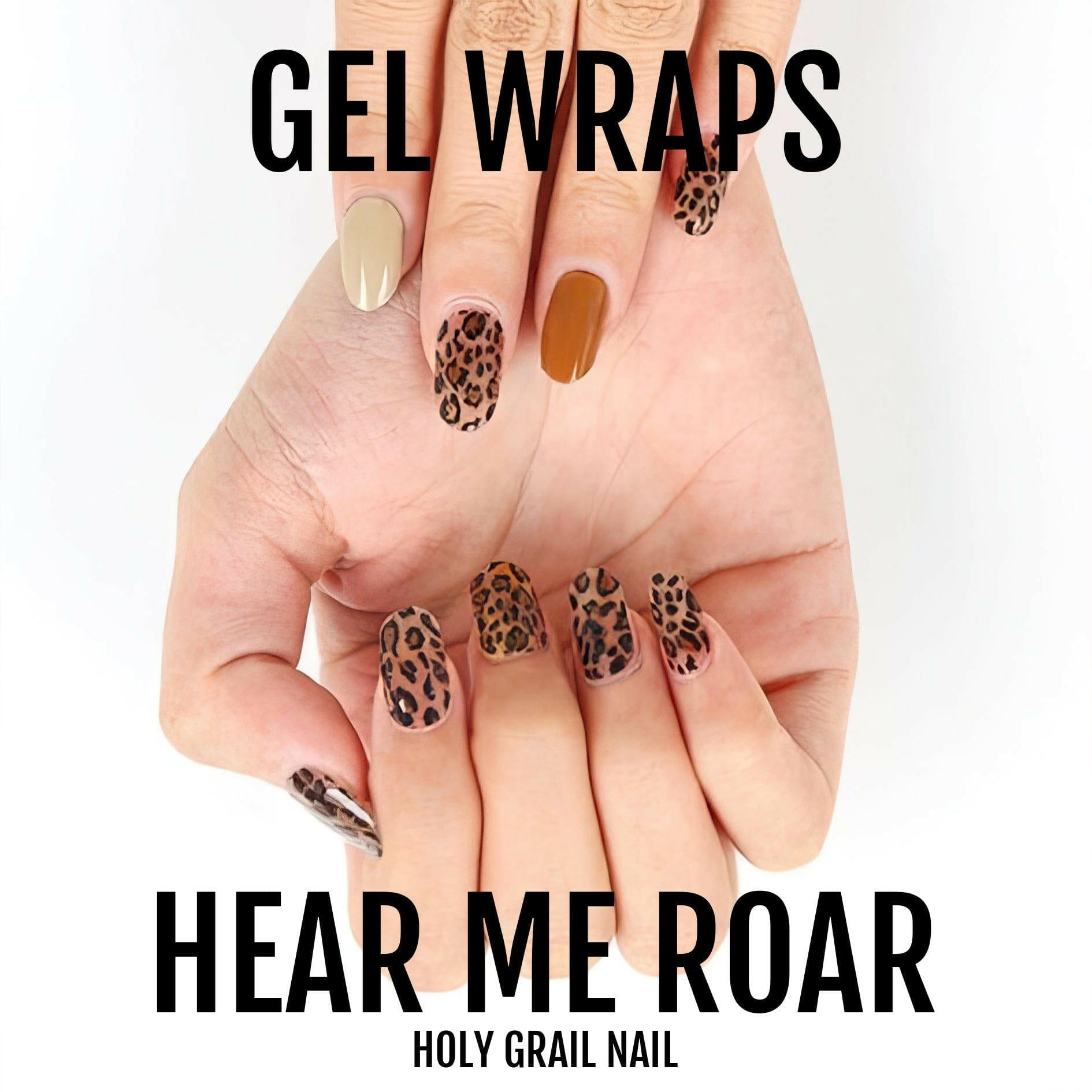 Hand displaying leopard print gel nail wraps in brown and orange animal print design